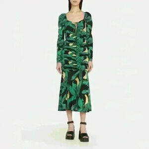 GANNI Tropical Ruched A-Line Midi Dress